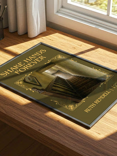 Shake Hands Forever Classic Book Art Print by Ruth Rendell – print on a sunlit desk