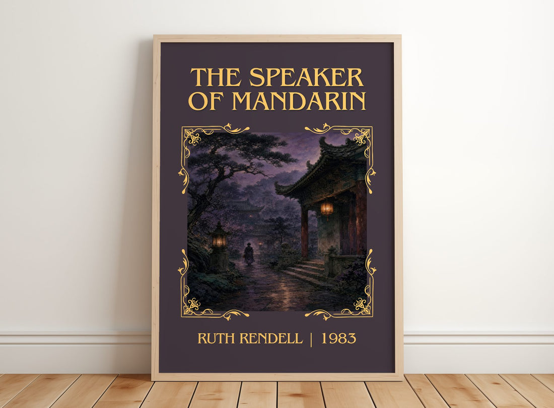 The Speaker of Mandarin Classic Book Art Print by Ruth Rendell – framed print leaning on a wooden floor
