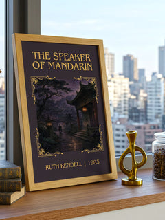 The Speaker of Mandarin Classic Book Art Print by Ruth Rendell – framed print on a city-view windowsill