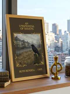 An Unkindness of Ravens Classic Book Art Print by Ruth Rendell – framed print on a city-view windowsill