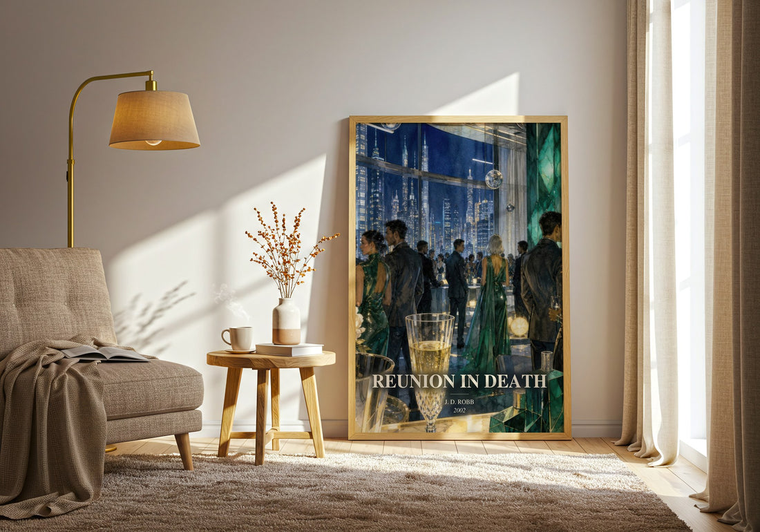 Reunion In Death watercolour print in frame leaning in hallway – mystery wall art (mockup)