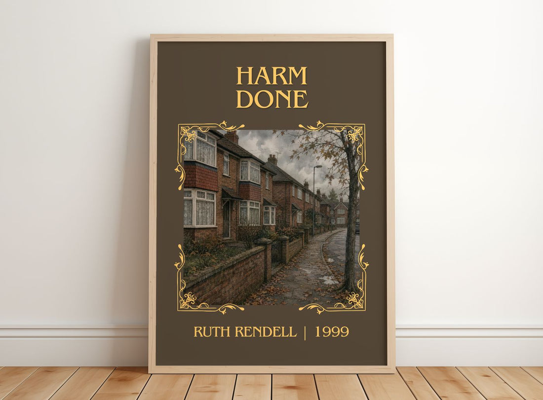 Harm Done Classic Book Art Print by Ruth Rendell – framed print leaning on a wooden floor