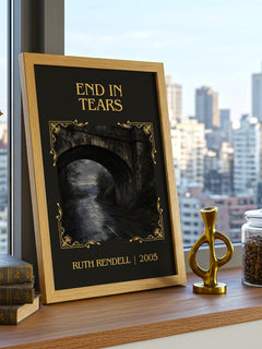 End in Tears Classic Book Art Print by Ruth Rendell – framed print on a city-view windowsill