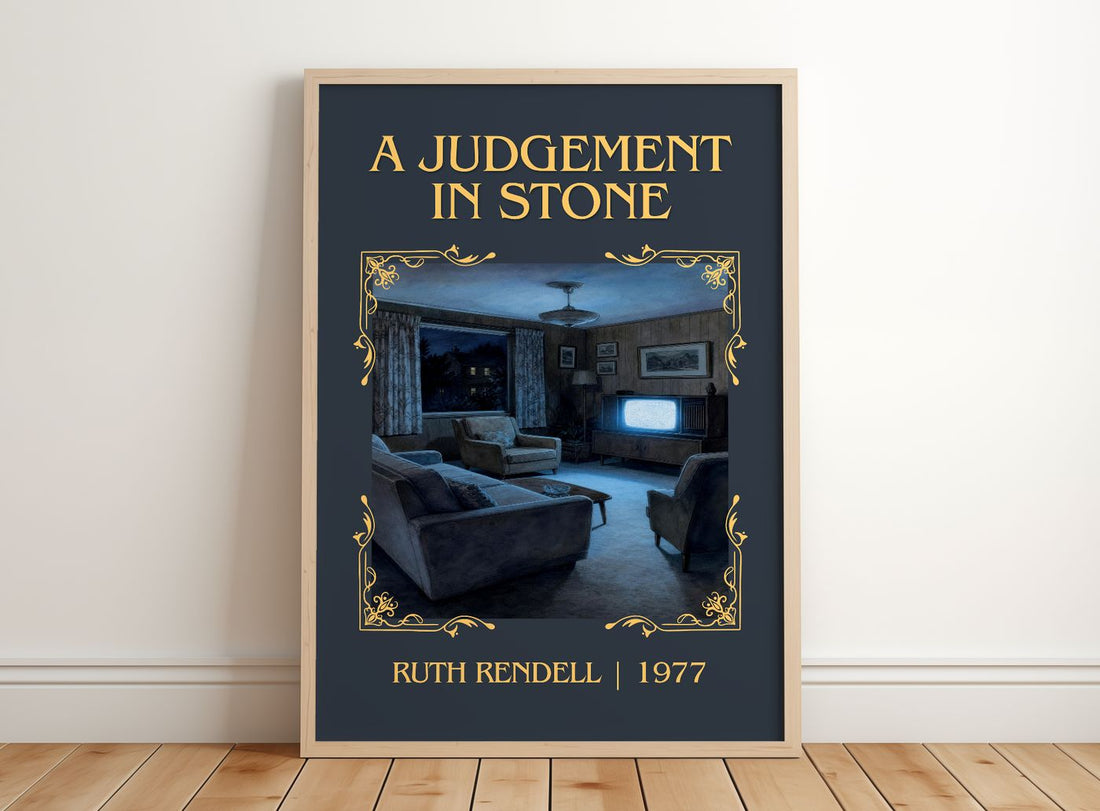 A Judgement in Stone Classic Book Art Print by Ruth Rendell – framed print leaning on a wooden floor