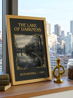 The Lake of Darkness Classic Book Art Print by Ruth Rendell – framed print on a city-view windowsill