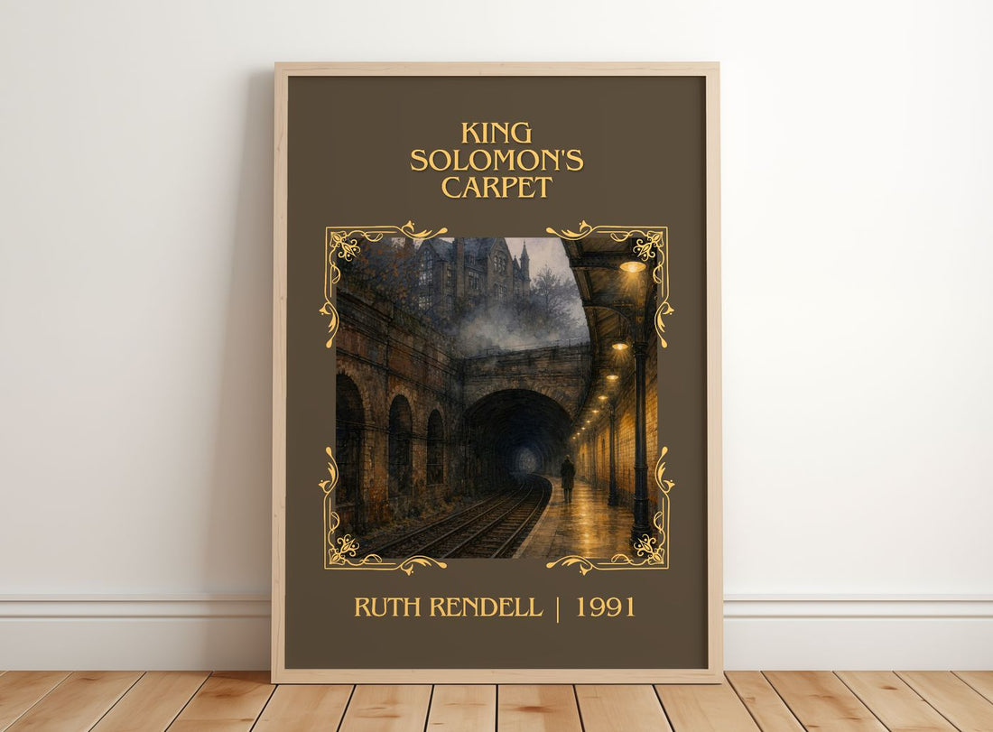 King Solomon's Carpet Classic Book Art Print by Ruth Rendell – framed print leaning on a wooden floor