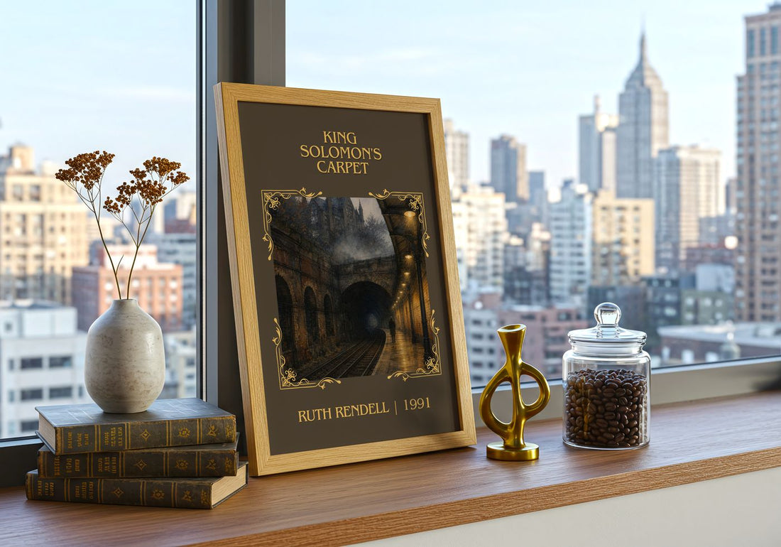 King Solomon's Carpet Classic Book Art Print by Ruth Rendell – framed print on a city-view windowsill