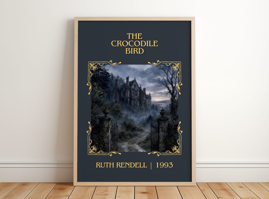 The Crocodile Bird Classic Book Art Print by Ruth Rendell – framed print leaning on a wooden floor