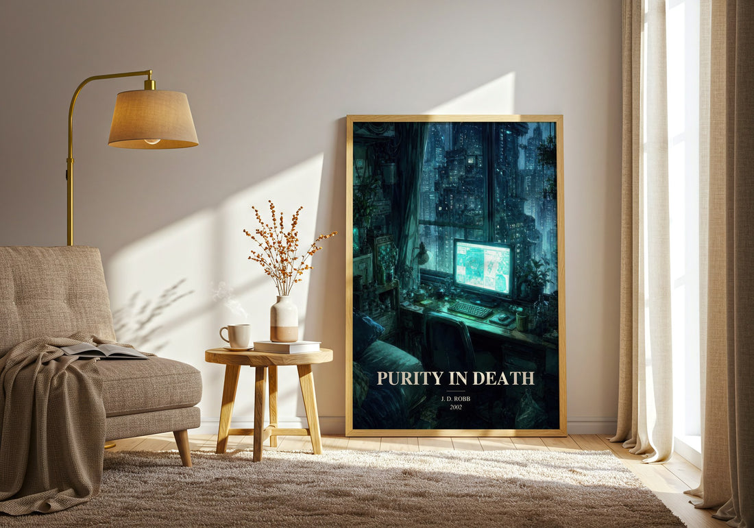 Purity In Death watercolour print in frame leaning in hallway – mystery wall art (mockup)