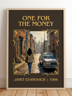 One for the Money Classic Book Art Print by Janet Evanovich – framed print leaning on a wooden floor