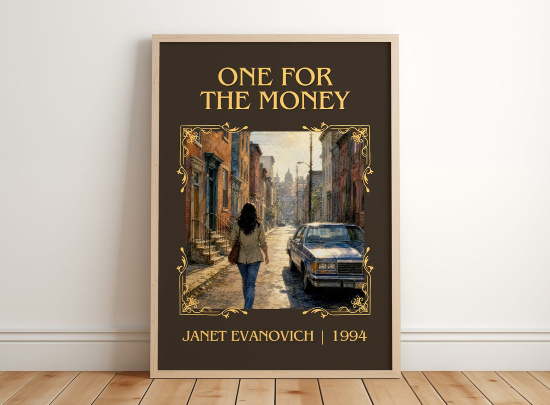 One for the Money Classic Book Art Print by Janet Evanovich – framed print leaning on a wooden floor