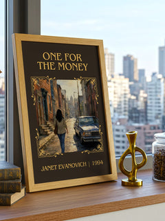 One for the Money Classic Book Art Print by Janet Evanovich – framed print on a city-view windowsill