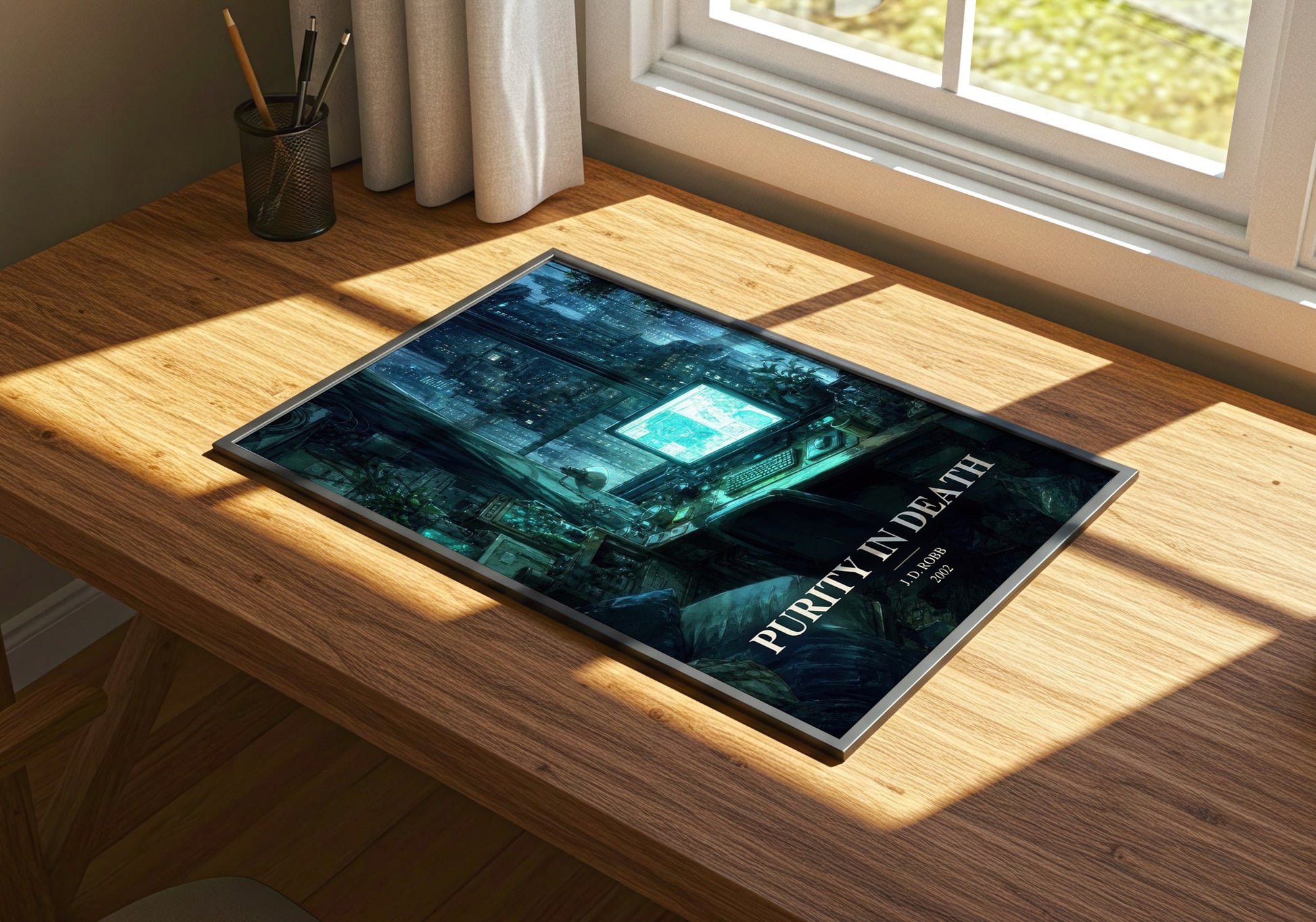Purity In Death watercolour book poster framed on wall – mystery wall art