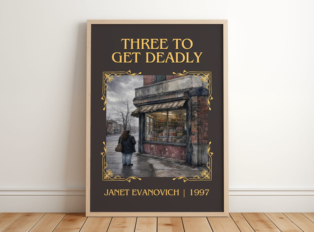 Three to Get Deadly Classic Book Art Print by Janet Evanovich – framed print leaning on a wooden floor
