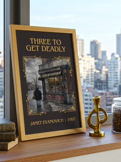 Three to Get Deadly Classic Book Art Print by Janet Evanovich – framed print on a city-view windowsill