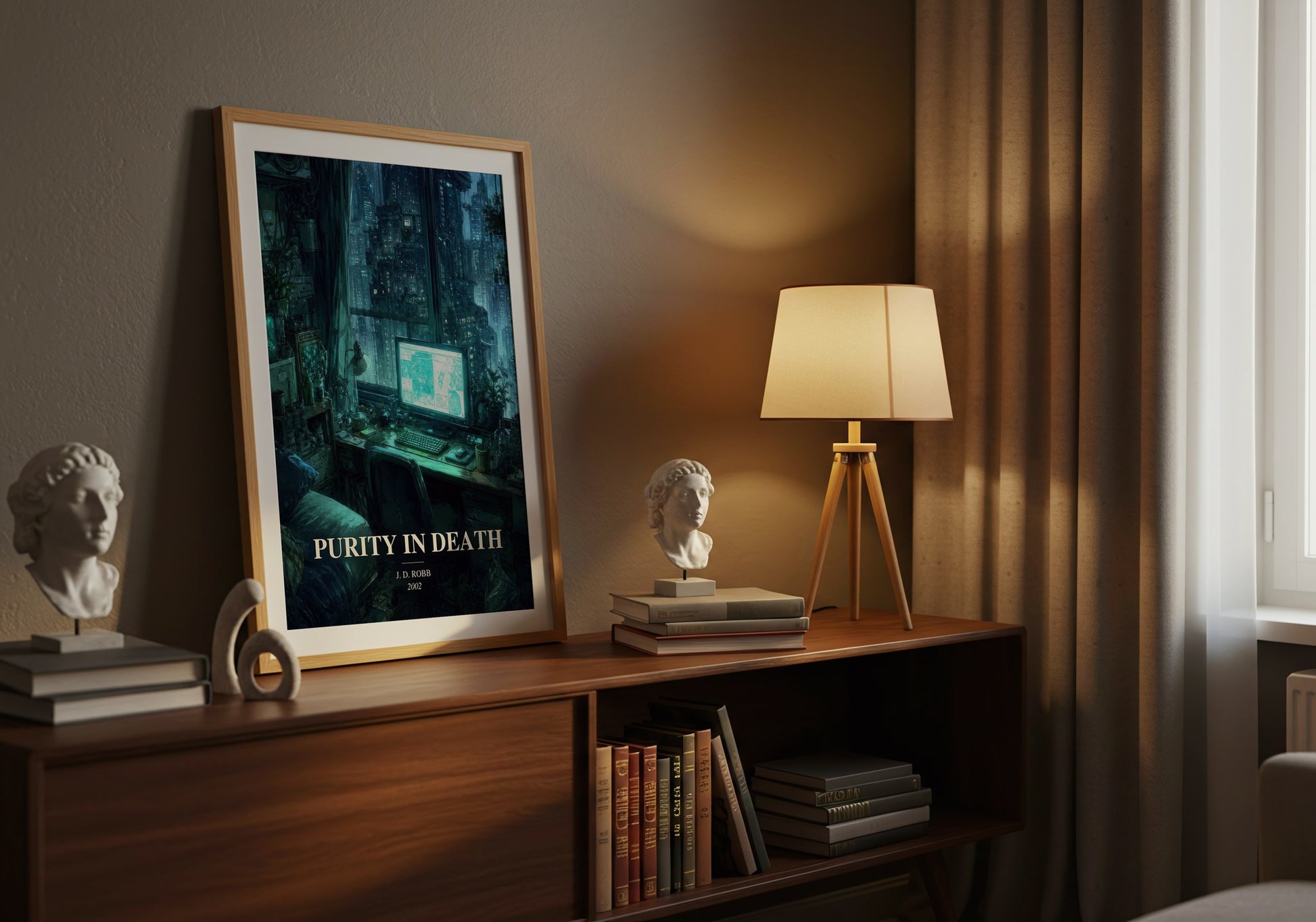 Purity In Death watercolour print on bookshelf – J. D. Robb fan gift