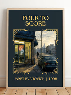 Four to Score Classic Book Art Print by Janet Evanovich – framed print leaning on a wooden floor