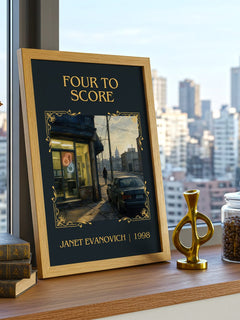 Four to Score Classic Book Art Print by Janet Evanovich – framed print on a city-view windowsill