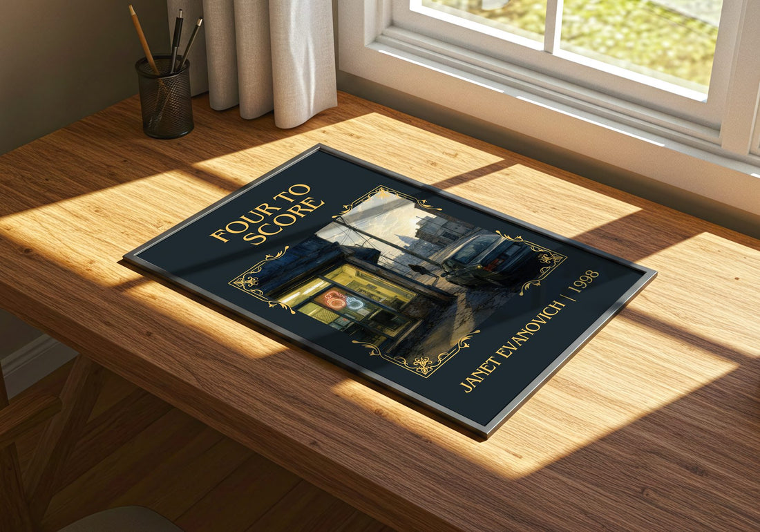 Four to Score Classic Book Art Print by Janet Evanovich – print on a sunlit desk