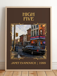 High Five Classic Book Art Print by Janet Evanovich – framed print leaning on a wooden floor