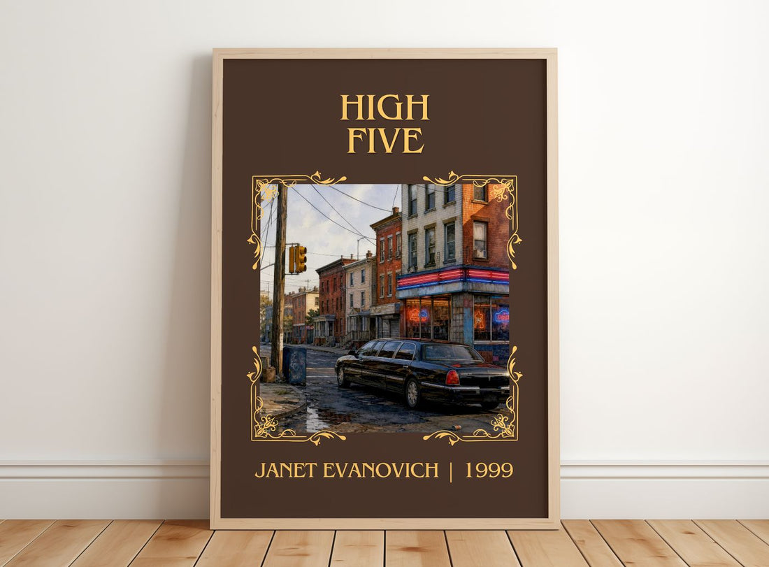 High Five Classic Book Art Print by Janet Evanovich – framed print leaning on a wooden floor