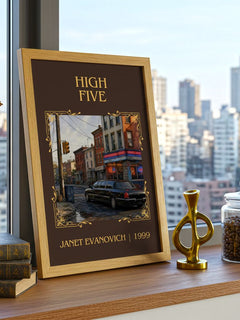 High Five Classic Book Art Print by Janet Evanovich – framed print on a city-view windowsill