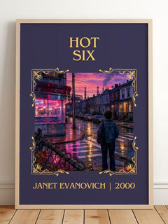 Hot Six Classic Book Art Print by Janet Evanovich – framed print leaning on a wooden floor