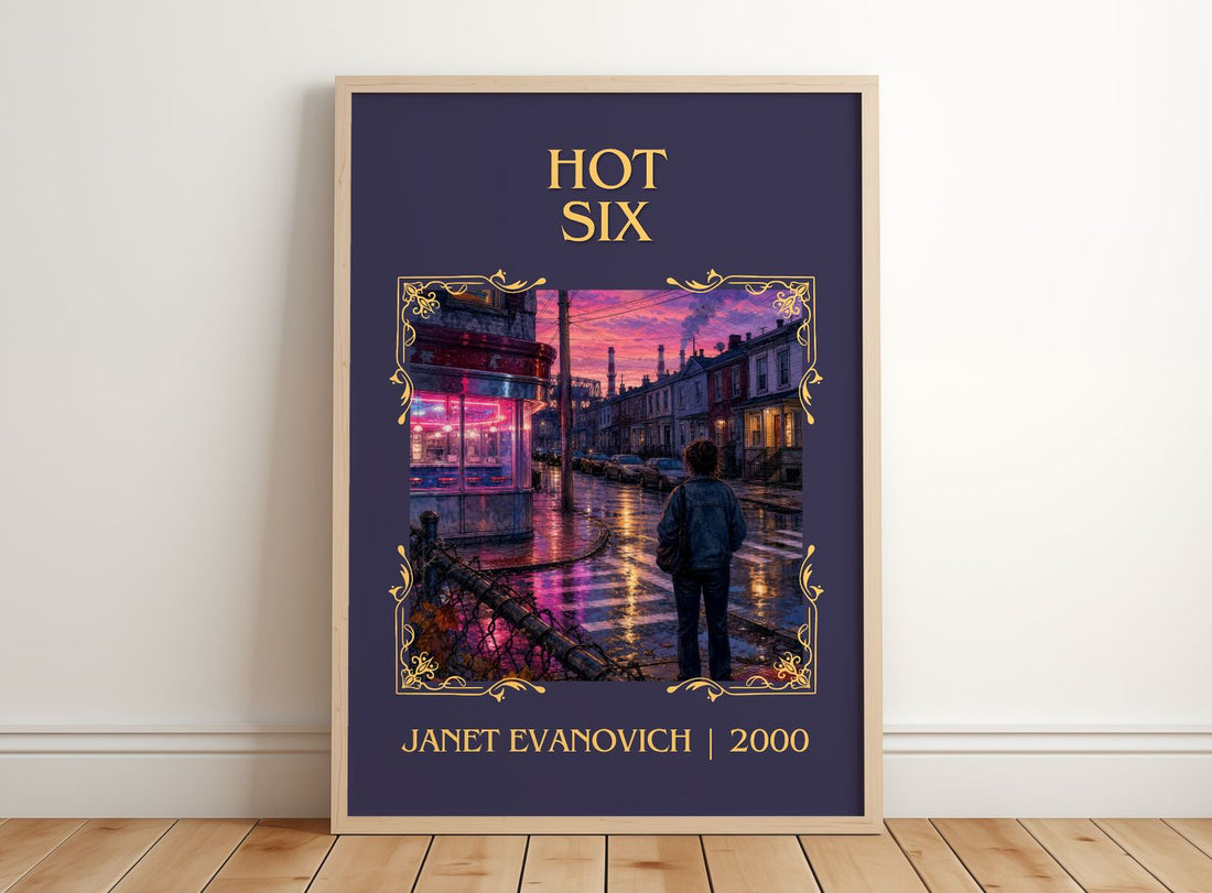 Hot Six Classic Book Art Print by Janet Evanovich – framed print leaning on a wooden floor