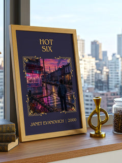 Hot Six Classic Book Art Print by Janet Evanovich – framed print on a city-view windowsill