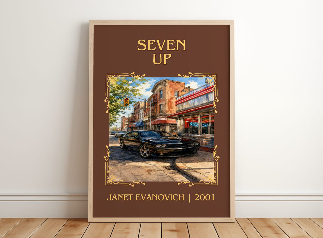 Seven Up Classic Book Art Print by Janet Evanovich – framed print leaning on a wooden floor