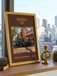 Seven Up Classic Book Art Print by Janet Evanovich – framed print on a city-view windowsill