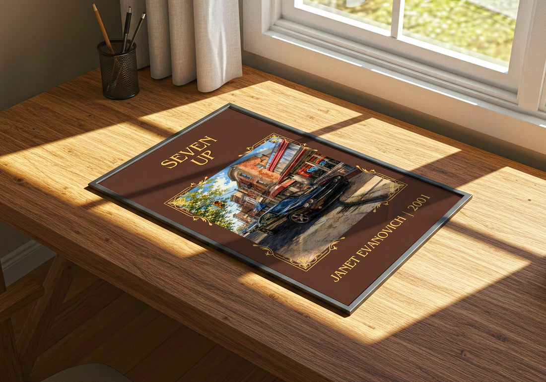 Seven Up Classic Book Art Print by Janet Evanovich – print on a sunlit desk