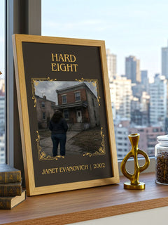 Hard Eight Classic Book Art Print by Janet Evanovich – framed print on a city-view windowsill