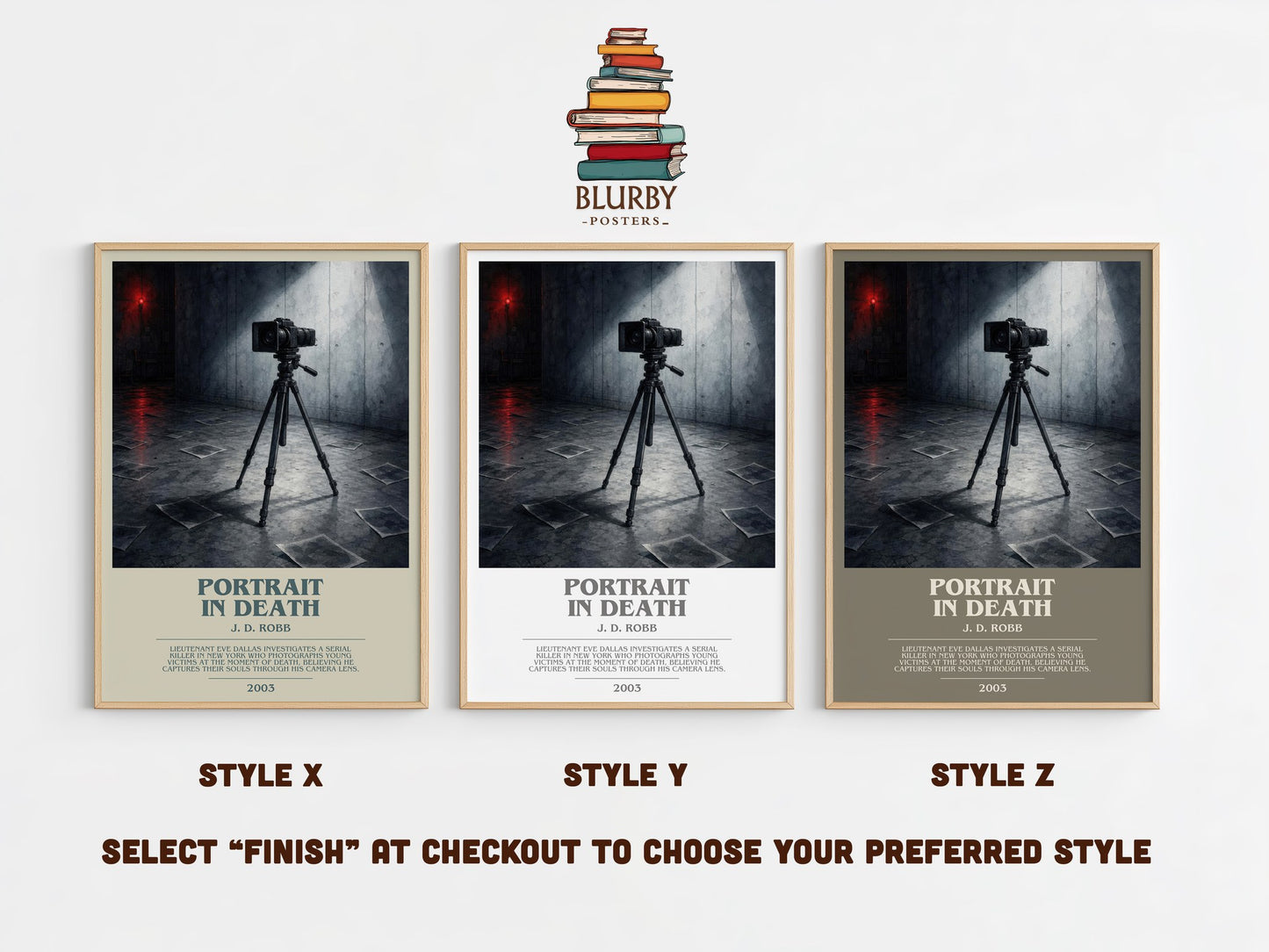 Portrait In Death bookish print in frame leaning in hallway – thriller wall art