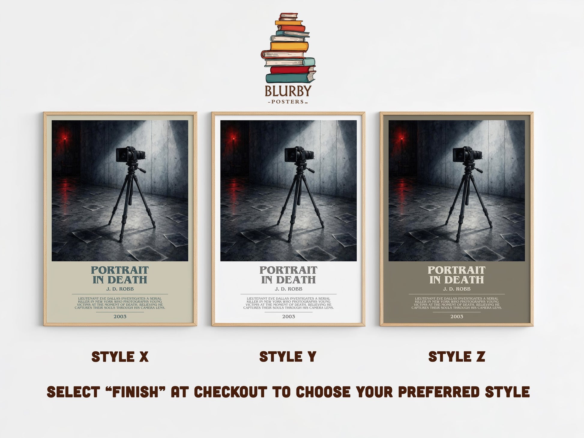 Portrait In Death bookish print in frame leaning in hallway – thriller wall art