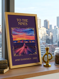 To the Nines Classic Book Art Print by Janet Evanovich – framed print on a city-view windowsill