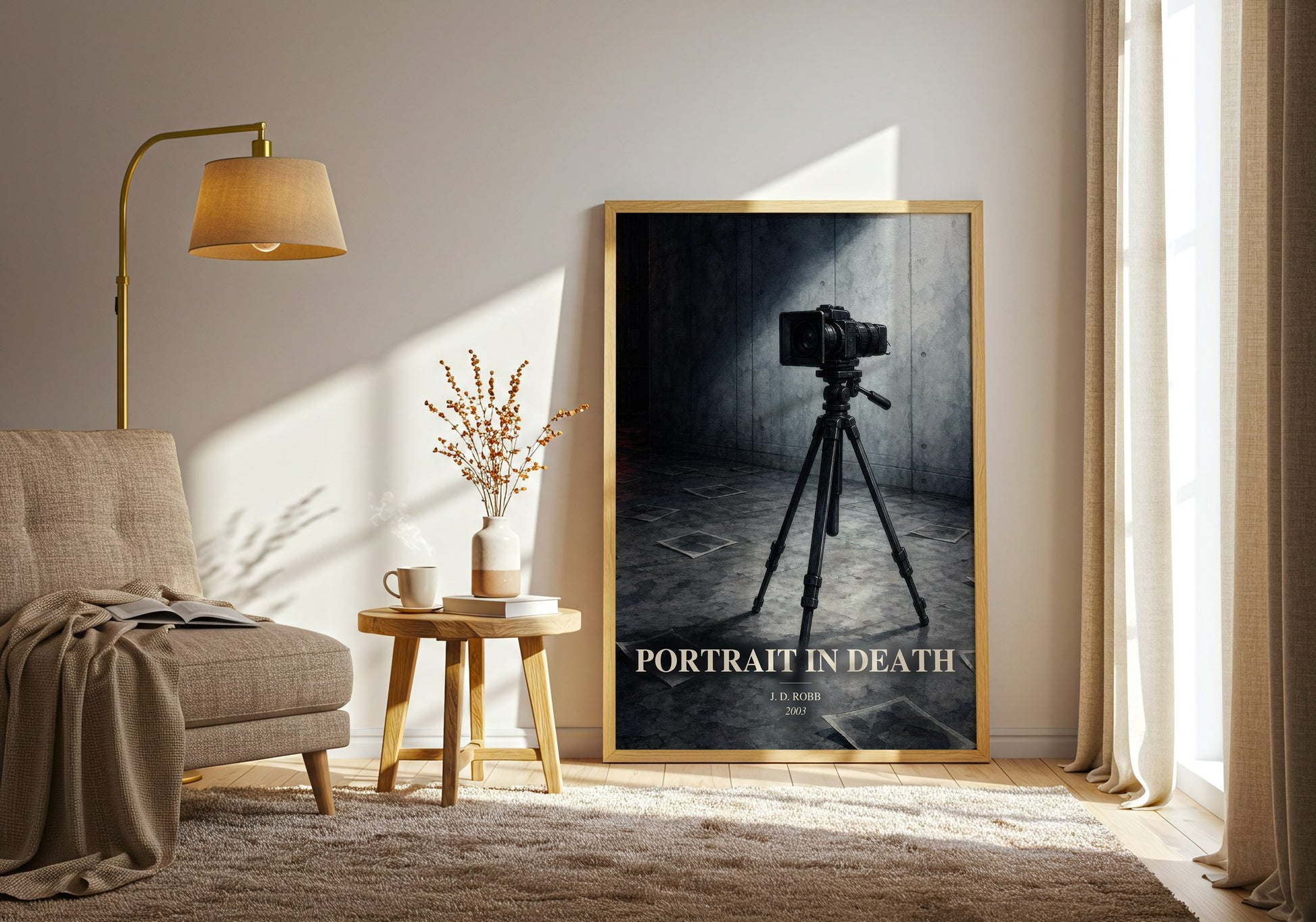 Portrait In Death watercolour print in frame leaning in hallway – thriller wall art