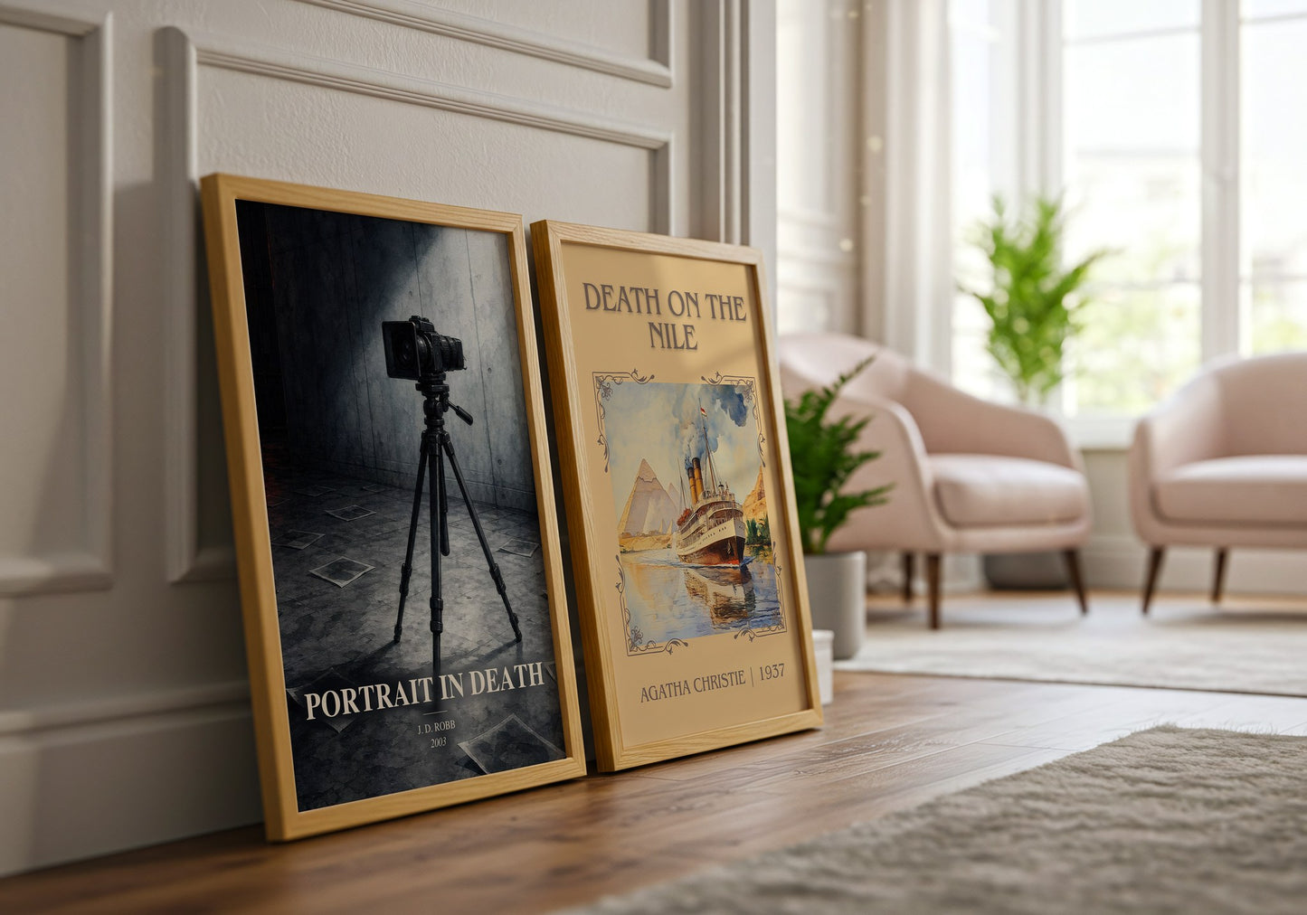 Portrait In Death watercolour print framed by window – literary home decor