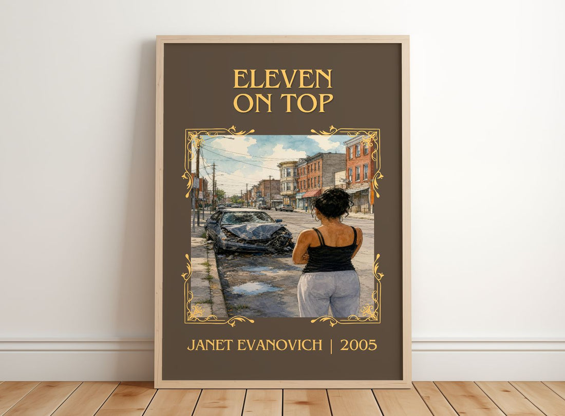 Eleven on Top Classic Book Art Print by Janet Evanovich – framed print leaning on a wooden floor