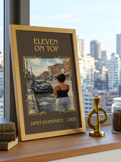 Eleven on Top Classic Book Art Print by Janet Evanovich – framed print on a city-view windowsill