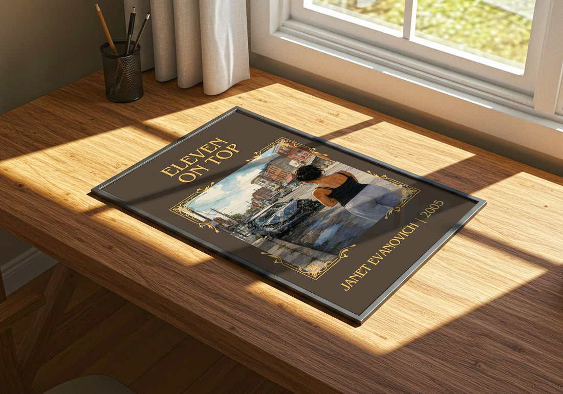 Eleven on Top Classic Book Art Print by Janet Evanovich – print on a sunlit desk