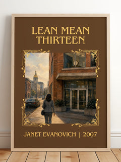 Lean Mean Thirteen Classic Book Art Print by Janet Evanovich – framed print leaning on a wooden floor