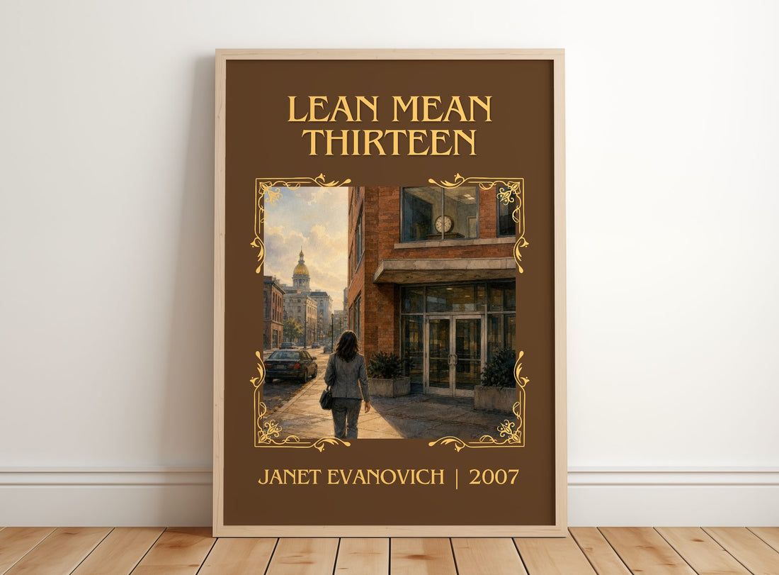 Lean Mean Thirteen Classic Book Art Print by Janet Evanovich – framed print leaning on a wooden floor