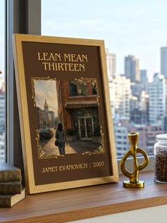 Lean Mean Thirteen Classic Book Art Print by Janet Evanovich – framed print on a city-view windowsill