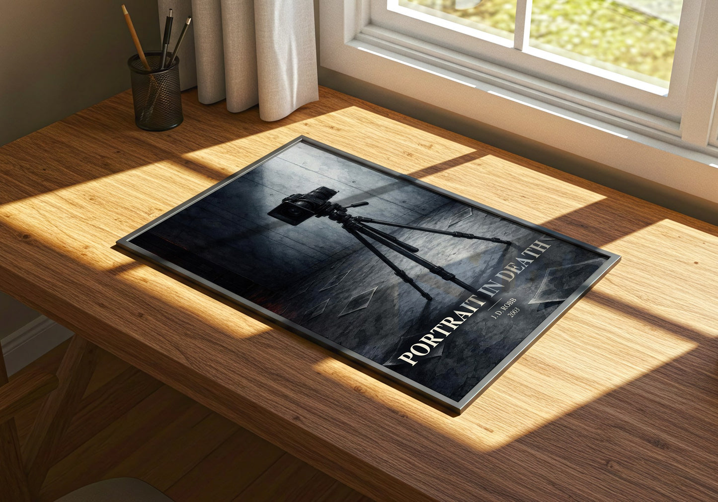 Portrait In Death watercolour book poster framed on wall – thriller wall art