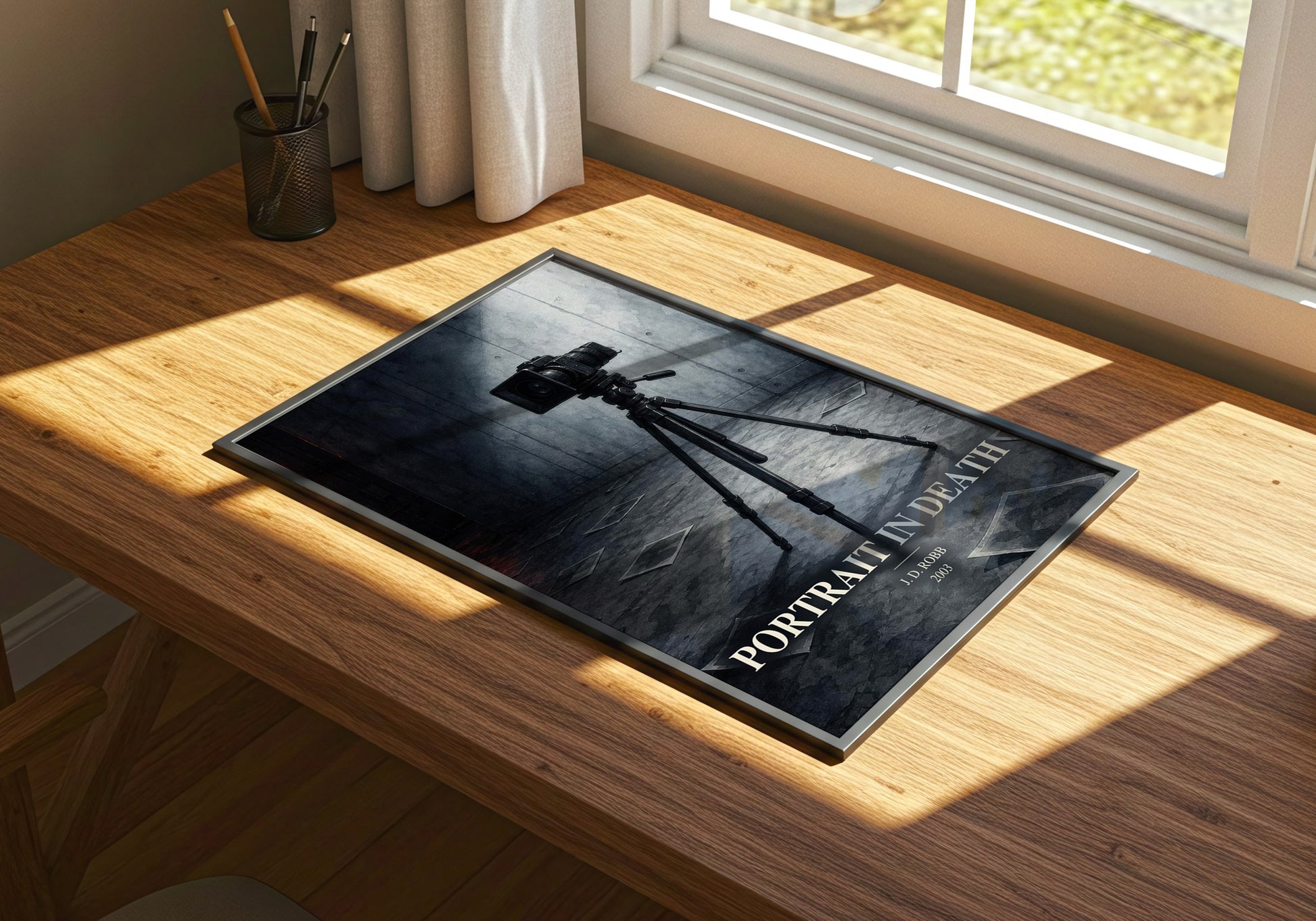 Portrait In Death watercolour book poster framed on wall – thriller wall art