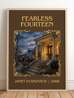 Fearless Fourteen Classic Book Art Print by Janet Evanovich – framed print leaning on a wooden floor
