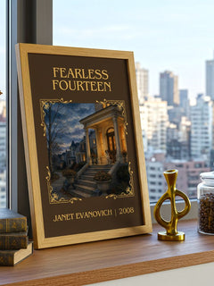 Fearless Fourteen Classic Book Art Print by Janet Evanovich – framed print on a city-view windowsill