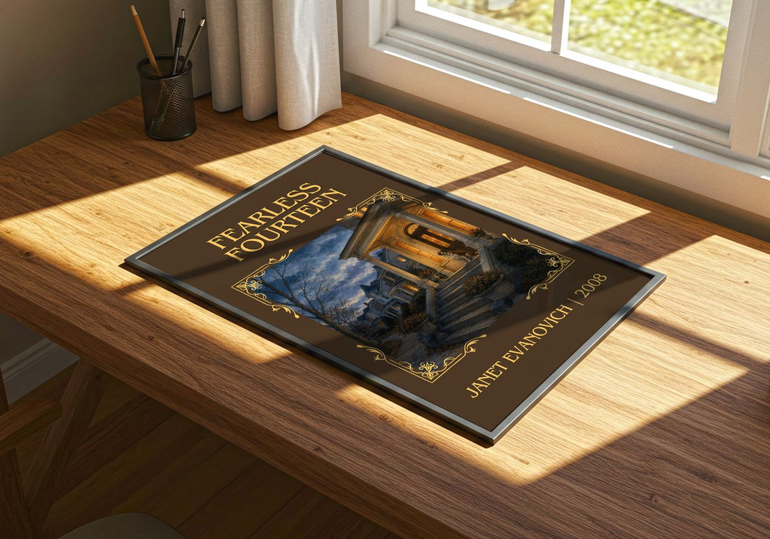 Fearless Fourteen Classic Book Art Print by Janet Evanovich – print on a sunlit desk