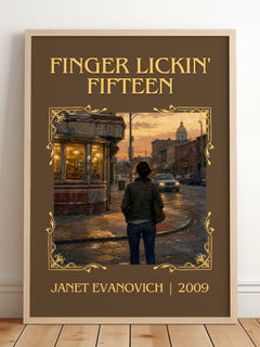 Finger Lickin' Fifteen Classic Book Art Print by Janet Evanovich – framed print leaning on a wooden floor